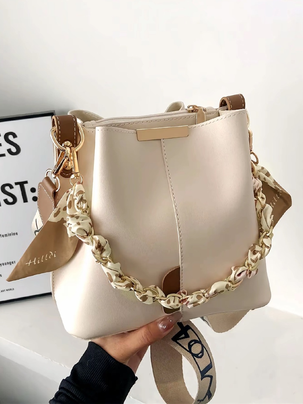 Cream Women's Bucket Bag with Decorative Handle